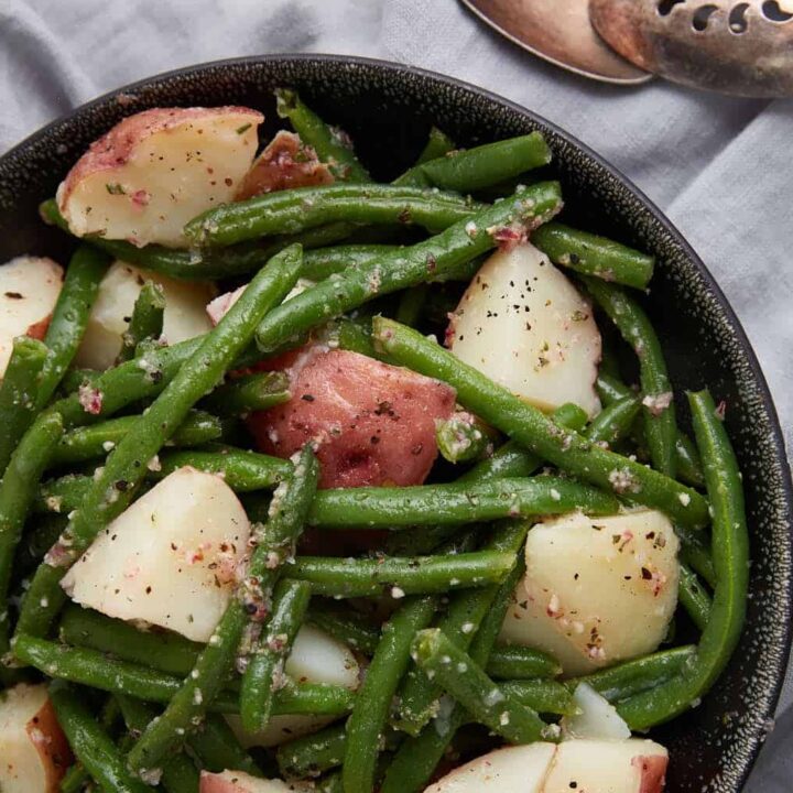 A platter of green bean and potato salad.