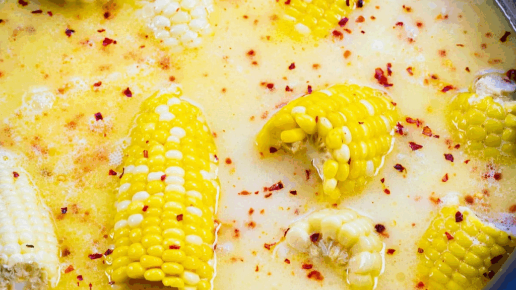 Corn on the cob pieces in a creamy yellow soup, topped with red chili flakes.