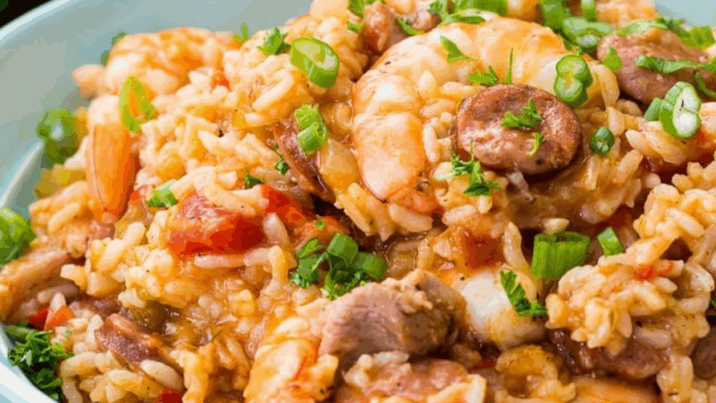 A close-up of a bowl of jambalaya, featuring rice mixed with shrimp, sausage, chopped tomatoes, green onions, and fresh herbs. The dish appears colorful, hearty, and freshly prepared.