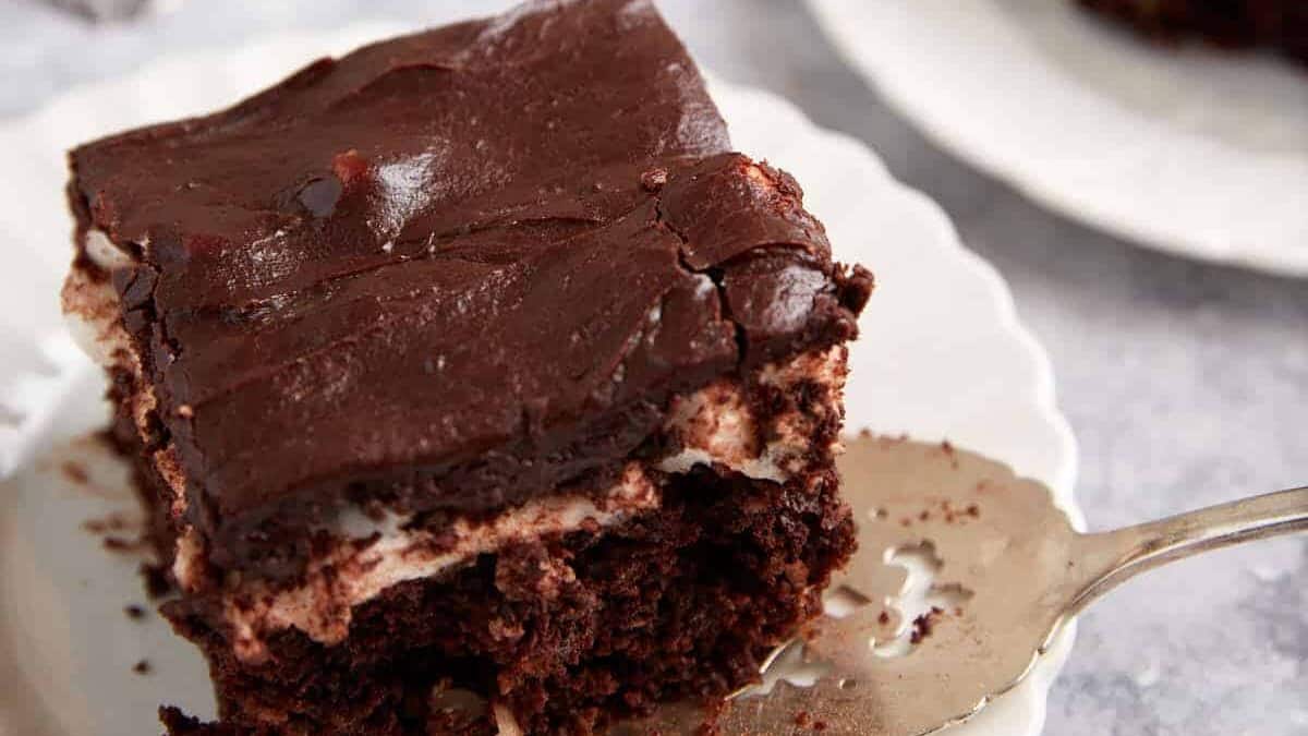 A piece of chocolate cake on a dessert plate.