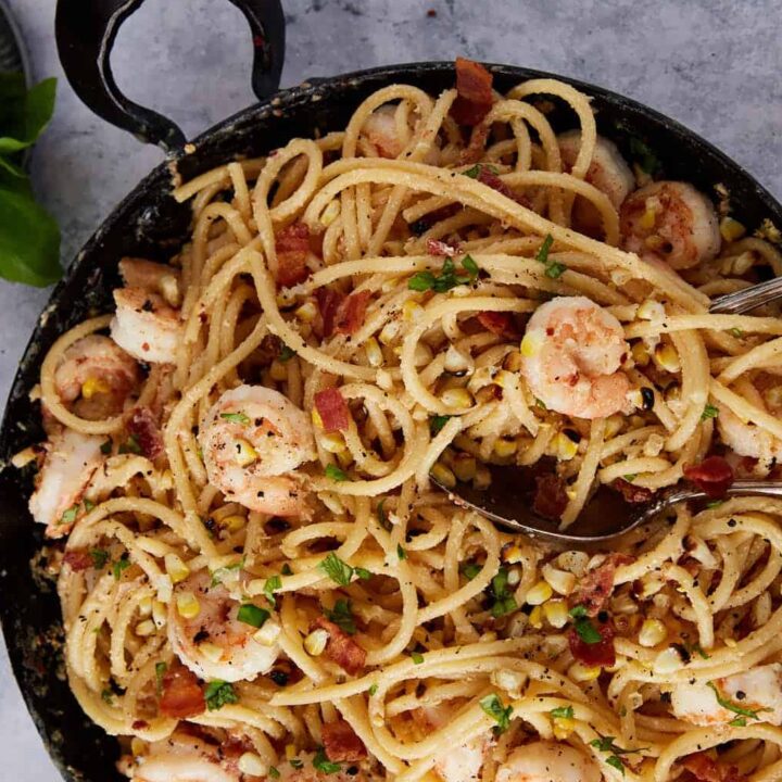 A skillet of creamy shrimp carbonara.