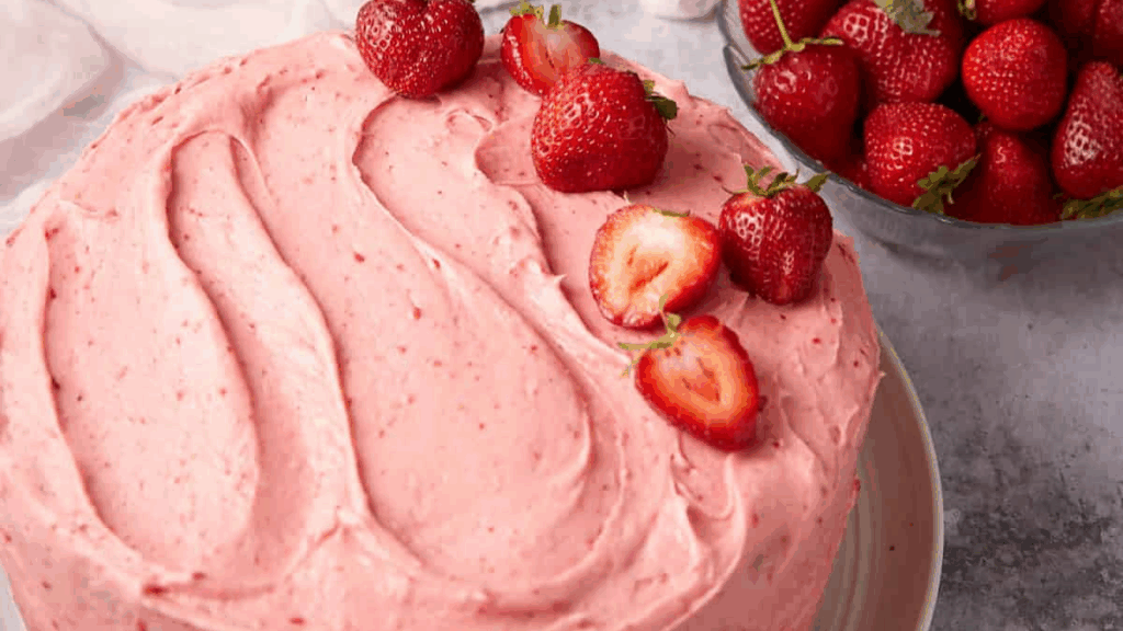 A round cake covered in pink strawberry frosting, topped with whole and halved strawberries. A bowl of fresh strawberries sits nearby on the table.