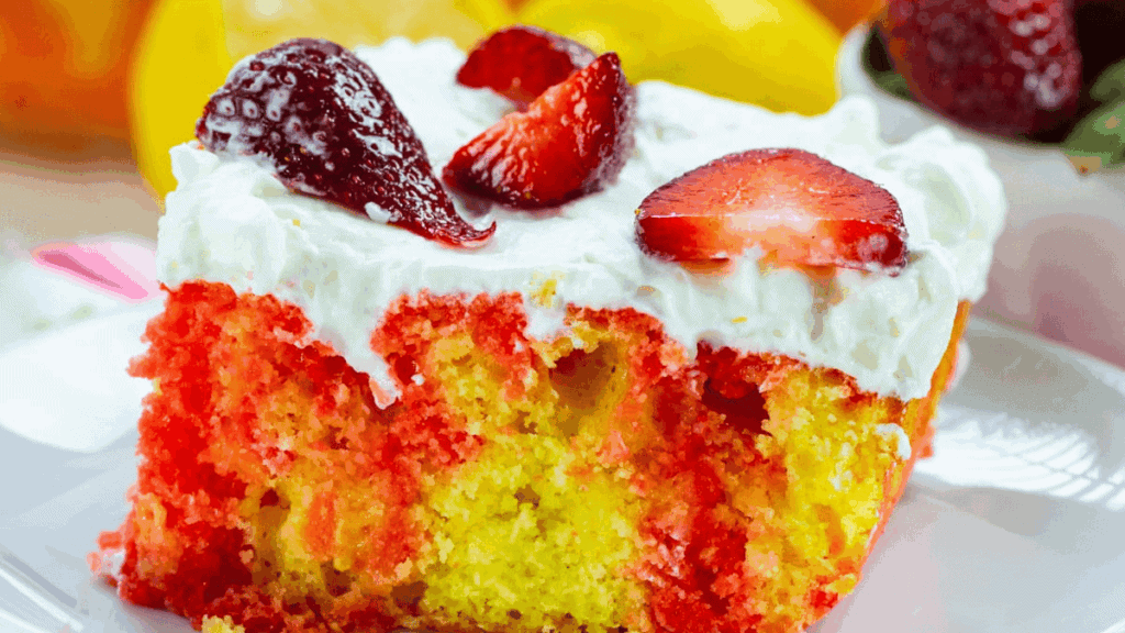 A slice of vibrant yellow and red poke cake topped with whipped cream and fresh strawberry slices, served on a white plate.