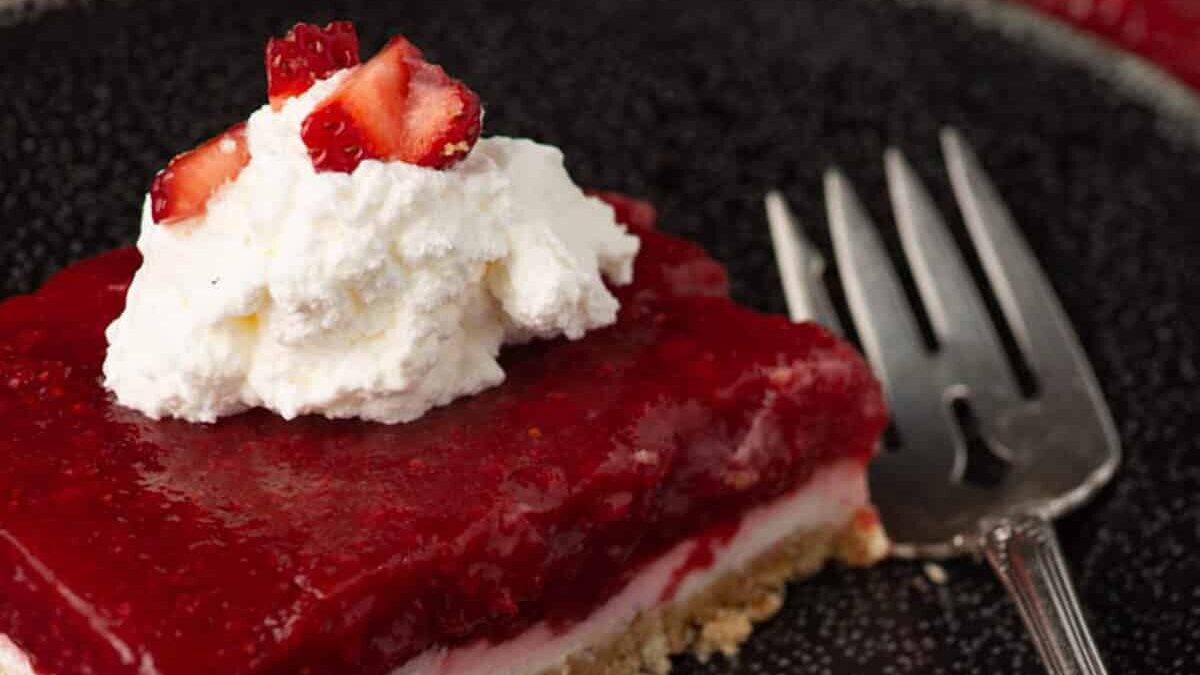 A square of strawberry pretzel salad