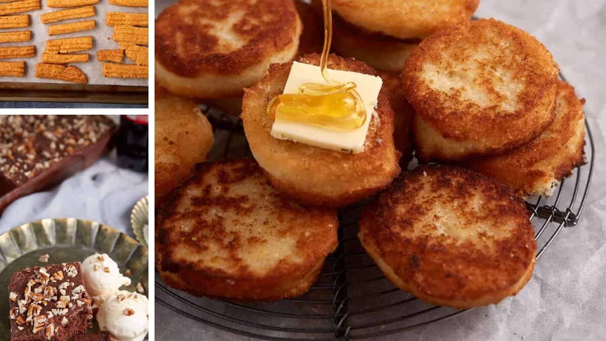 A collage of desserts inspired by the best recipes found in a church bulletin: cornbread sticks, golden brown cakes with butter and honey, brownies with nuts and ice cream, coconut-topped bars, and strawberry cake with pink frosting.