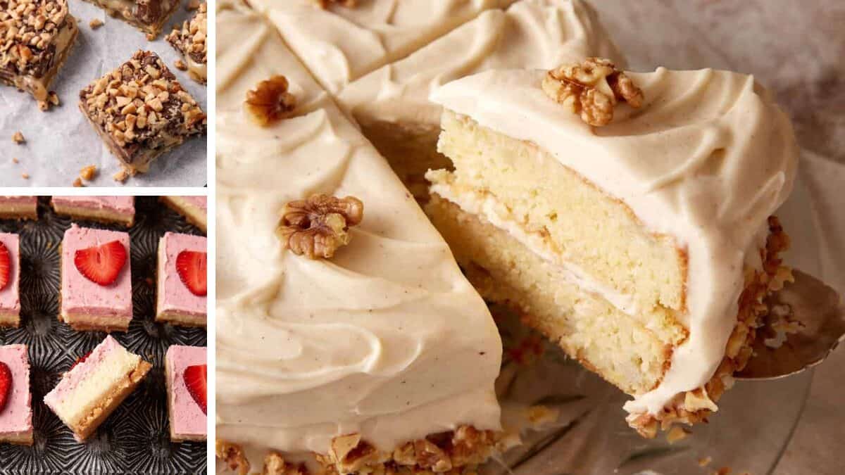A collage of desserts you can’t call it Southern without: a frosted layered cake with walnuts, a pink frosted cake with strawberries, pink strawberry bars, nut-topped bars, and coconut-topped bars on various serving plates.