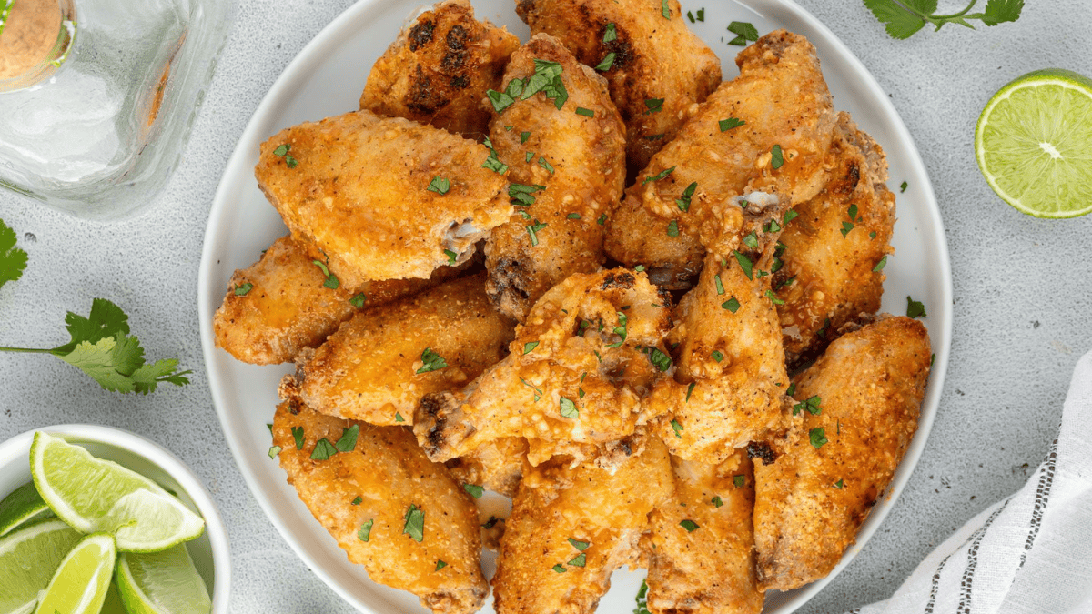 A plate of golden-brown chicken wings garnished with chopped herbs, surrounded by lime wedges and a bottle on a light gray surface.