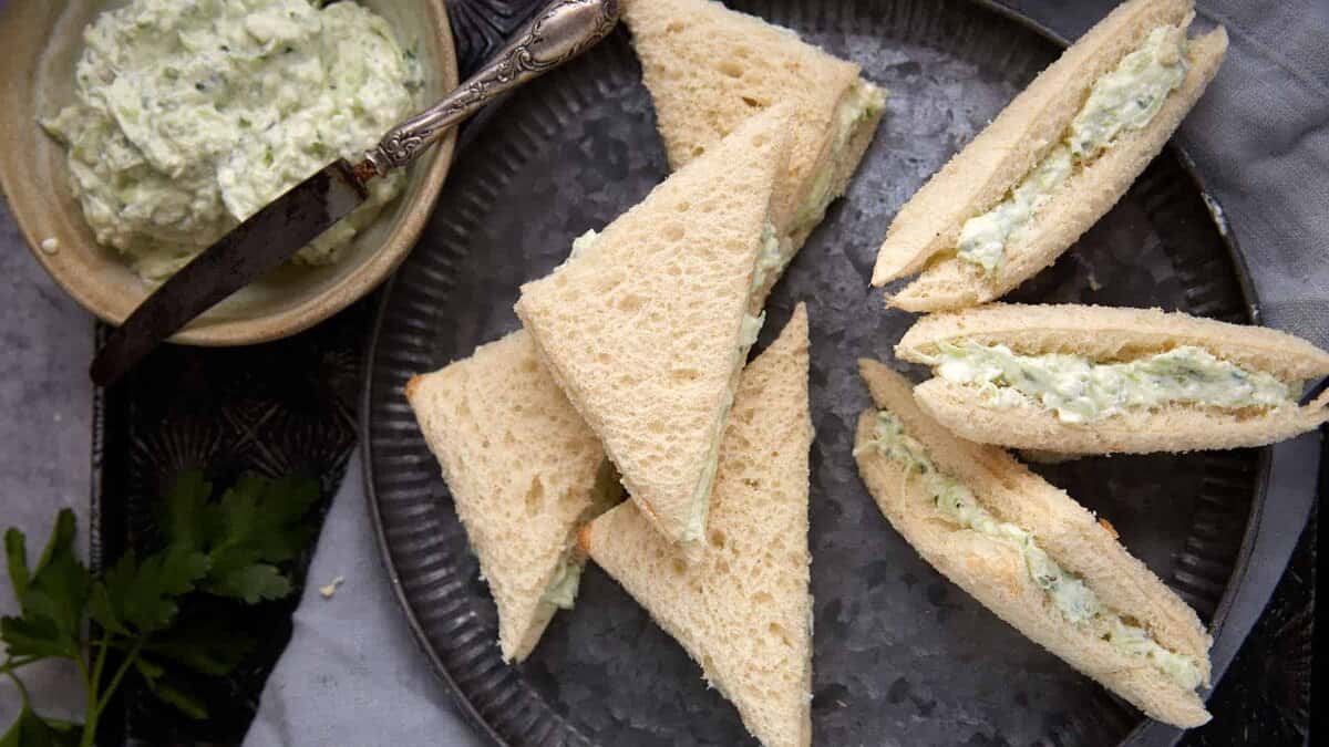 A try of cucumber sandwiches.
