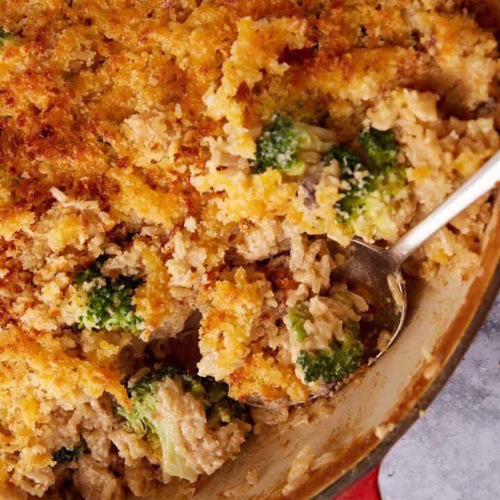 A broccoli rice casserole in a skillet.