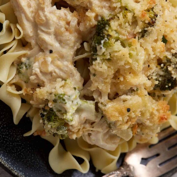 Broccoli chicken divan on a plate over noodles.