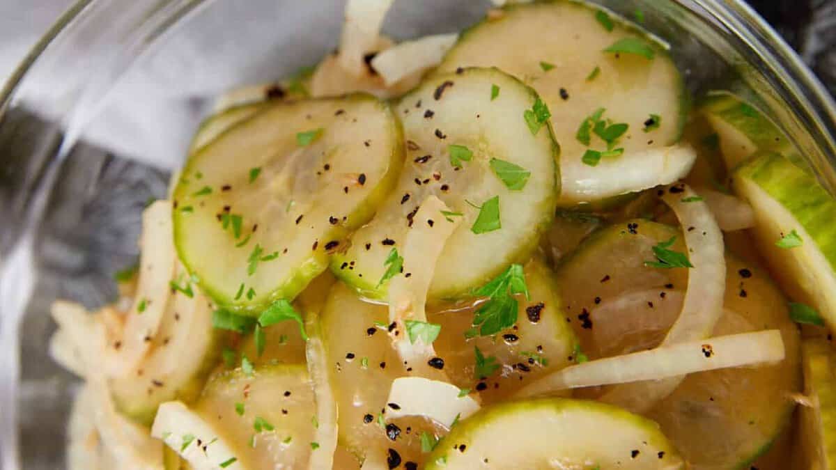 A serving bowl of cucumber vinegar salad.