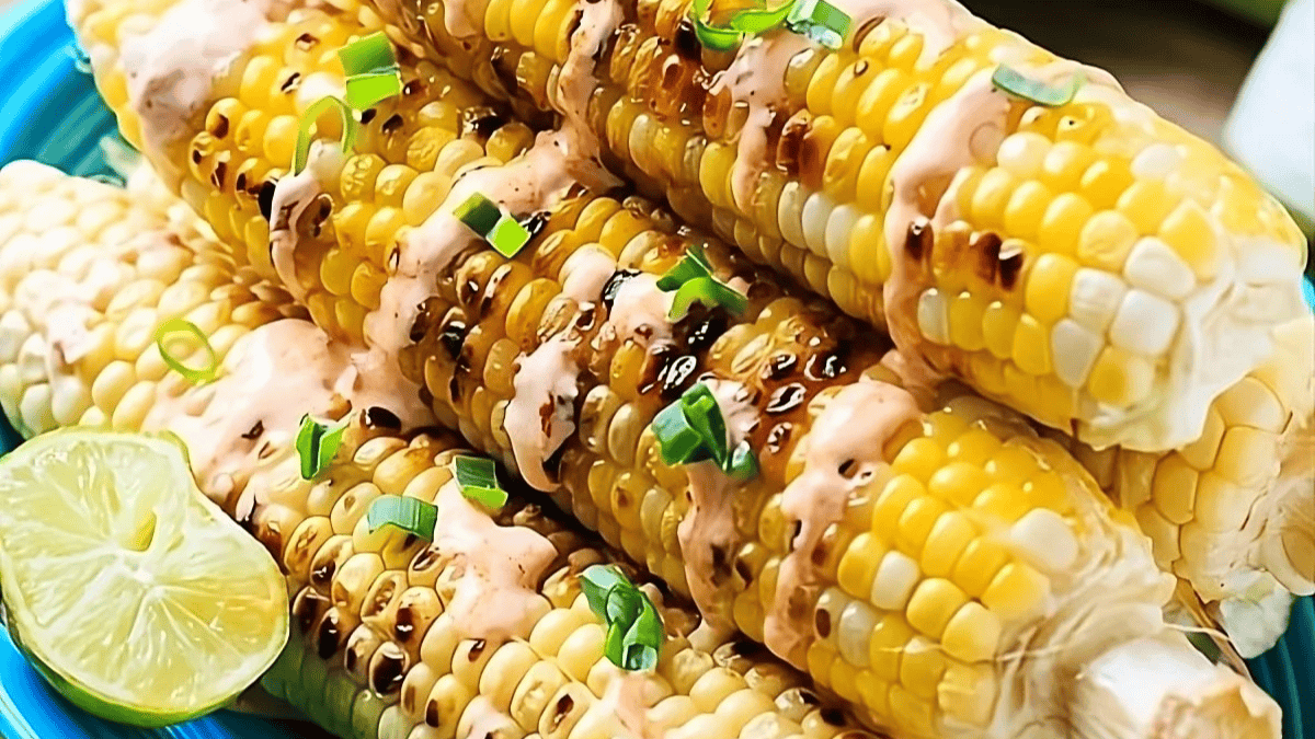 Three grilled corn on the cob topped with a creamy sauce and chopped green onions are served on a blue plate next to a halved lime.