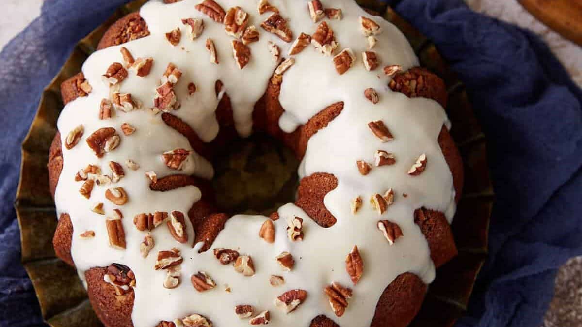 A cream cheese frosted bundt cake.