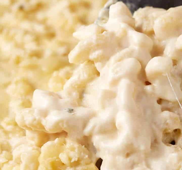 A spoonful of macaroni and cheese with evaporated milk.