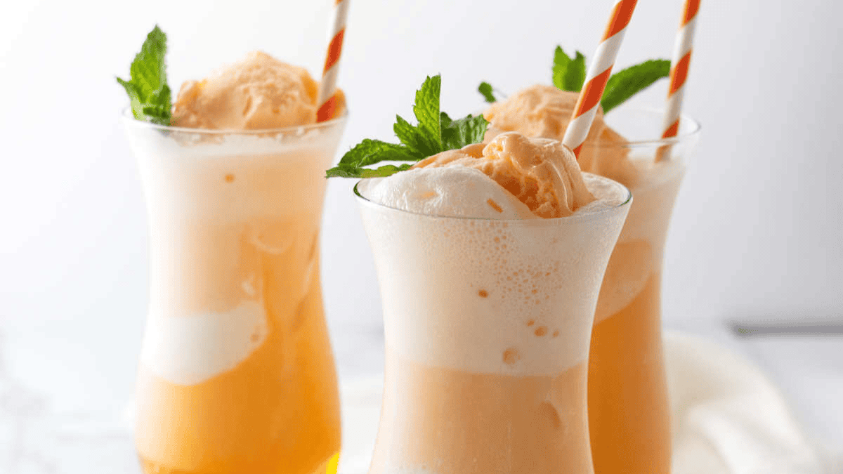 Three tall glasses filled with orange creamsicle floats, topped with orange ice cream, frothy soda, orange-striped straws, and garnished with fresh mint leaves.