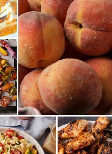 A collage featuring fresh peaches in the center, surrounded by images of grilled chicken drumsticks, macaroni salad, sausage and vegetable skewers, and stacked breakfast sandwiches.