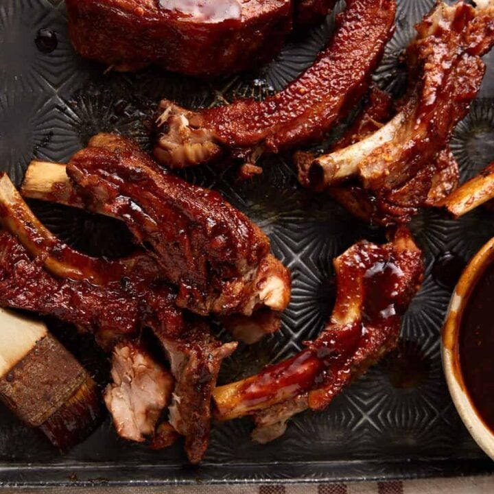 A platter of baby back ribs.