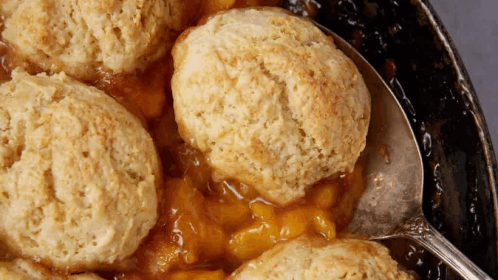Close-up of a peach cobbler in a baking dish, topped with golden-brown, biscuit-like dough, with a serving spoon partially visible on the right side.