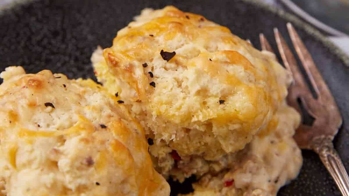 Two cheesy biscuit-like servings with visible sausage pieces on a dark plate, next to a fork. In the background, a casserole dish and a bowl of white gravy can be seen.