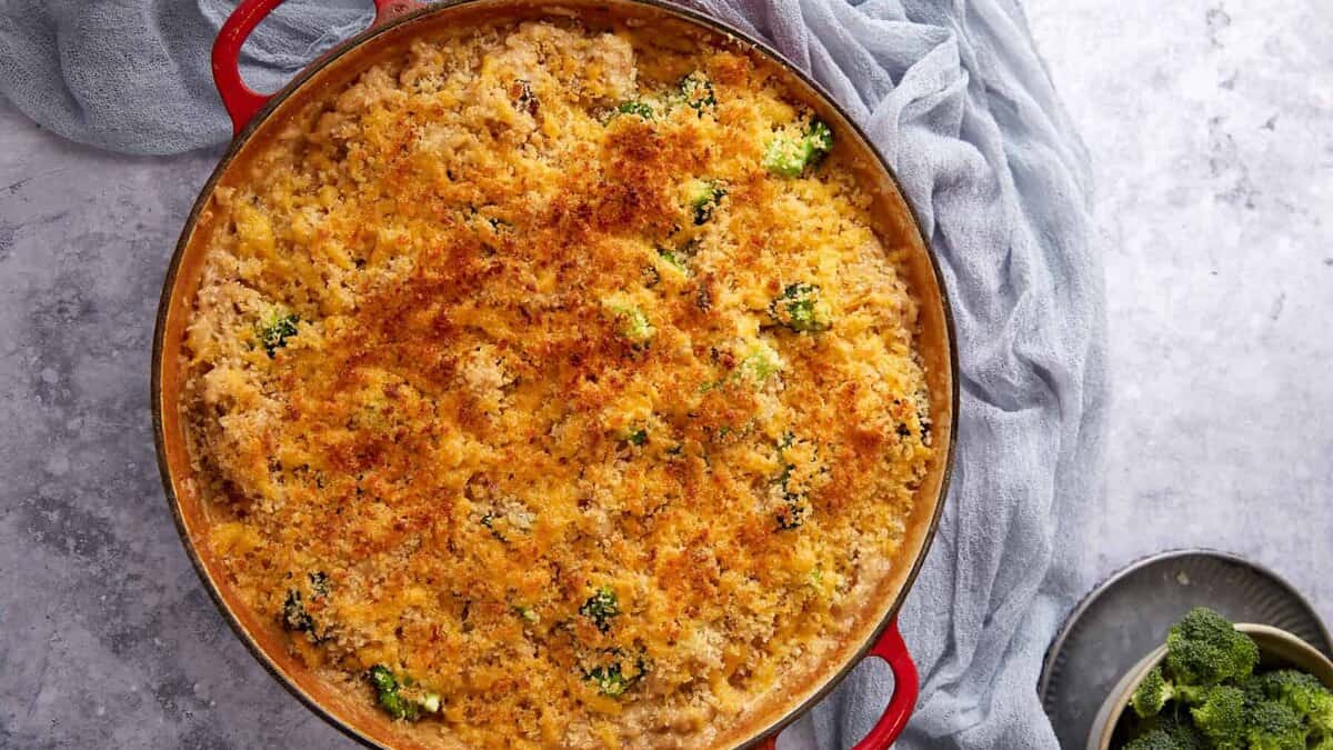 A baked broccoli rice casserole.
