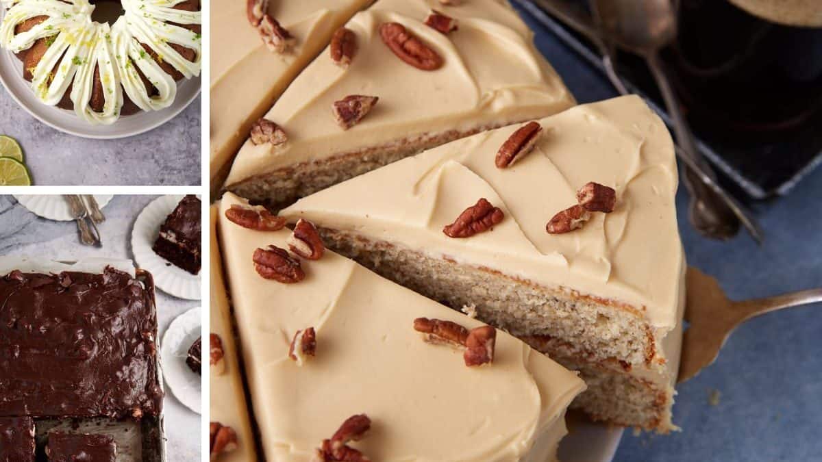 A collage of cakes: a key lime bundt cake with icing, a close-up of a sliced pecan cake with caramel frosting, chocolate sheet cake, coconut-topped bars, and a round strawberry cake—did everyone's mom make these recipes?.
