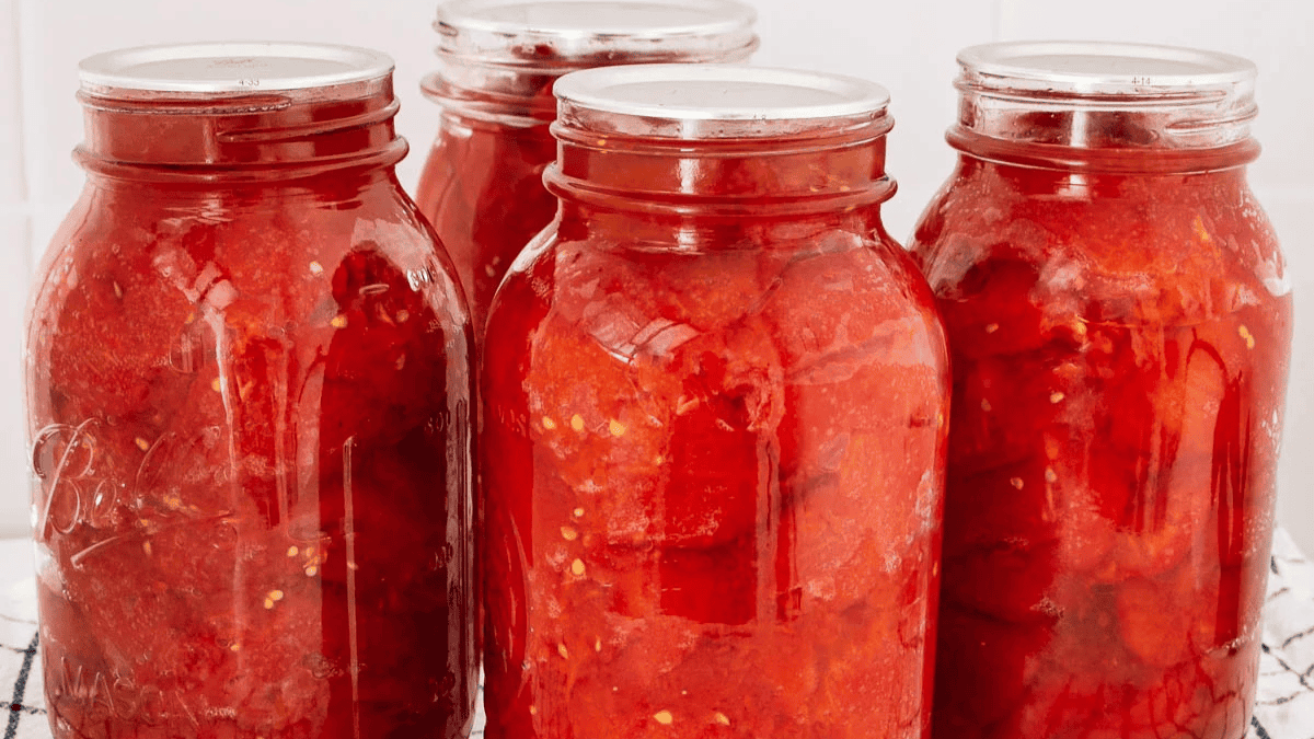 Four glass jars filled with peeled, whole canned tomatoes in tomato juice, placed on a white towel with a tiled white background.