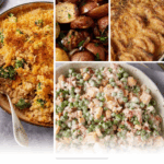 A collage of four dishes: baked macaroni with breadcrumbs, roasted potatoes with herbs, cheesy baked casserole, and a creamy vegetable salad. Text reads, "31 Potluck Favorites—can't have a potluck without these favorites!.