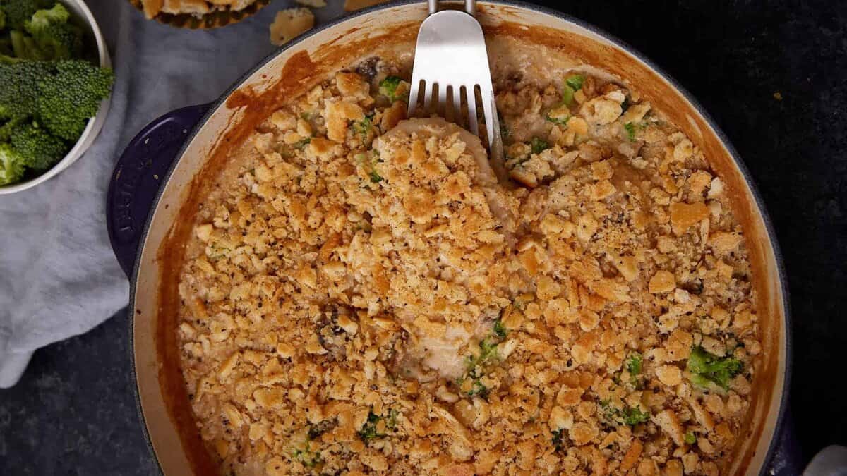 A serving of chicken rice and broccoli casserole.