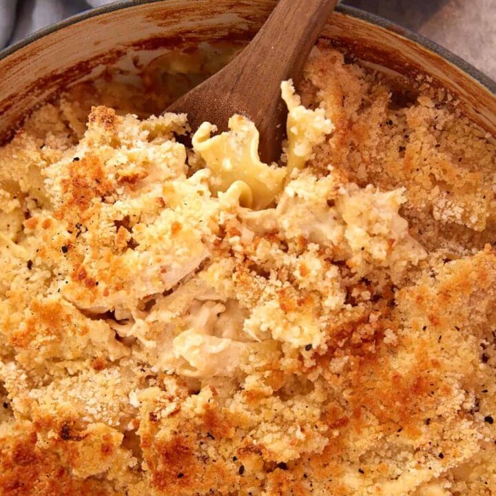 A serving spoon in a skillet of chicken casserole.