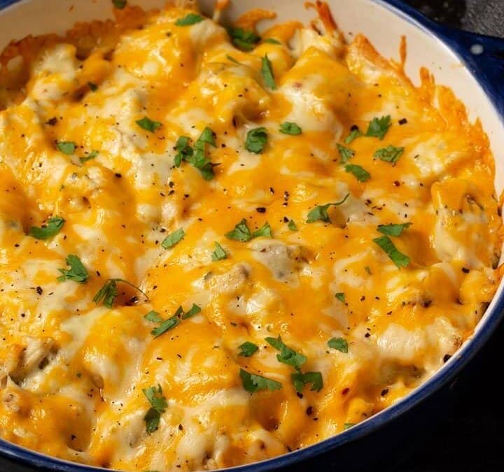 A baked chicken pasta casserole.