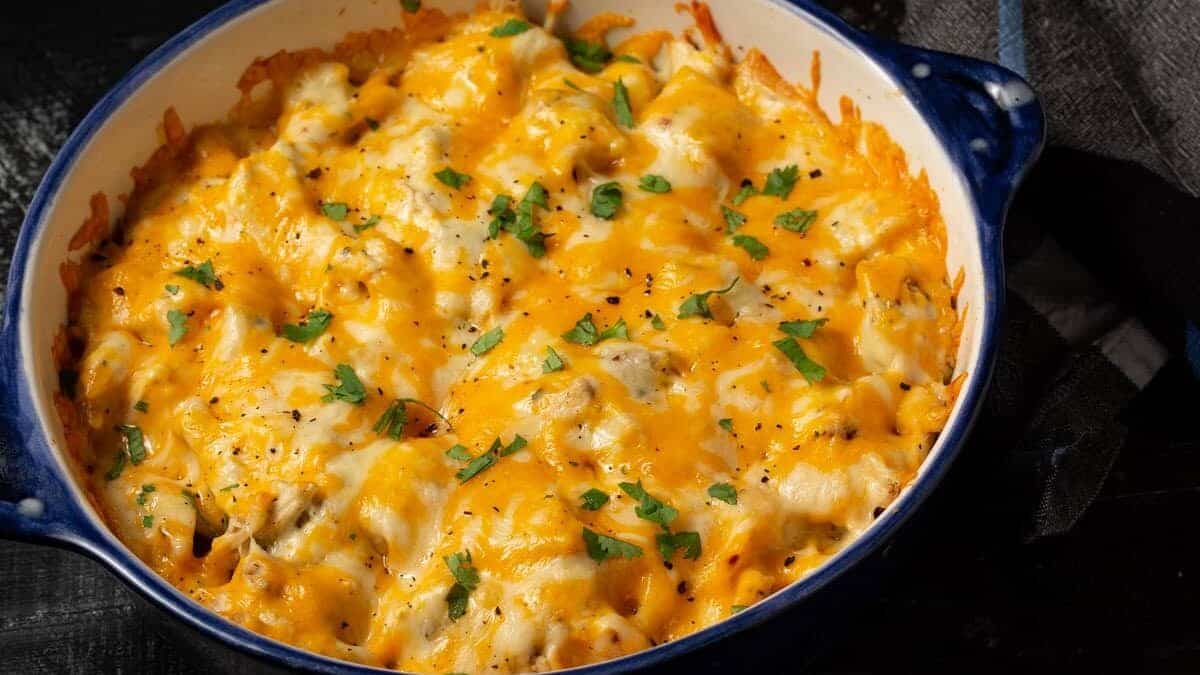A baked chicken pasta casserole.