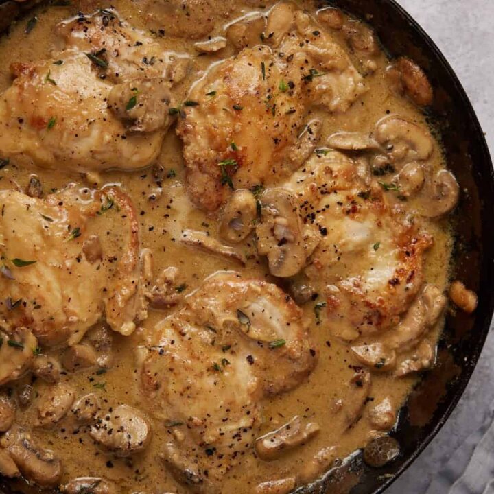 chicken and mushrooms in a skillet.