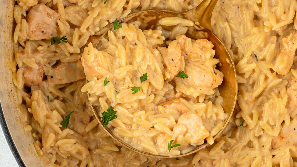 A close-up of creamy orzo pasta with chunks of chicken, garnished with small pieces of parsley, being served with a large golden ladle.