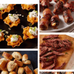 A collage of various appetizers, including bacon-wrapped bites, savory pastries, steak slices, potato bites with sour cream, and meatballs, with the text: “29 Crowd-Pleasing Recipes I always serve these recipes when guests come over.”.