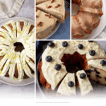 A collage of four cakes, just like if grandma made cakes you know it was good—pecan cake with caramel icing, a glazed bundt cake, a lemon-lime bundt, and blueberry bundt with cream cheese frosting. Text: "20 Old-Fashioned Cakes Worth Baking Again.