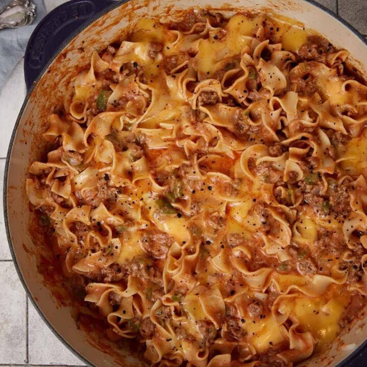 A johnny marzetti casserole after the cheese has melted.