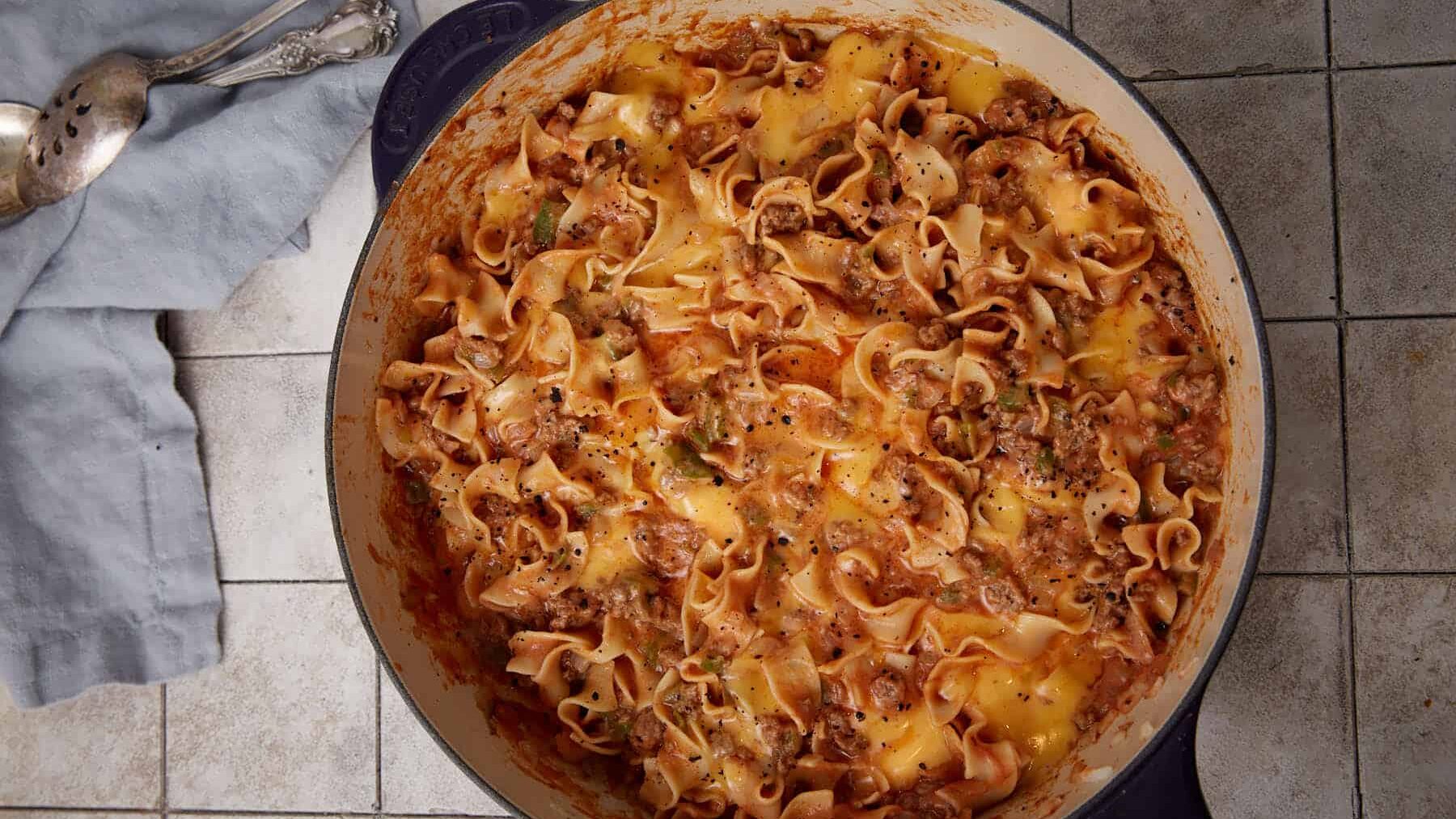 A johnny marzetti casserole after the cheese has melted.