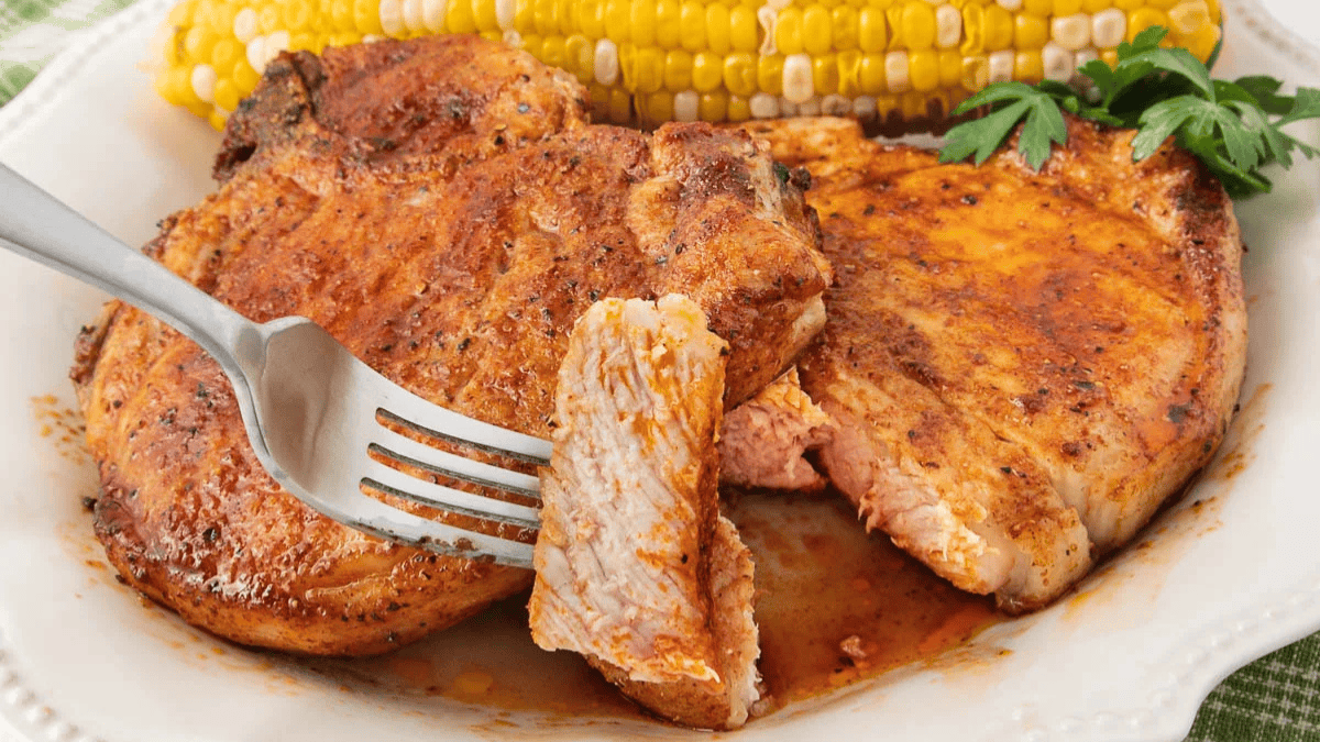Two seasoned, cooked pork chops on a white plate, with a fork holding a bite-sized piece. In the background, there is a serving of corn on the cob and a sprig of parsley for garnish.