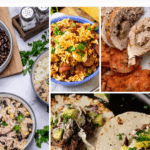A collage of five easy dinner dishes, like rice with beans, a rice and vegetable skillet, rolled meat with sweet potatoes, creamy chicken, and two tacos with avocado. Text reads: "19 Easy Dinners for the Laziest Nights—these easy dinners require almost zero effort.