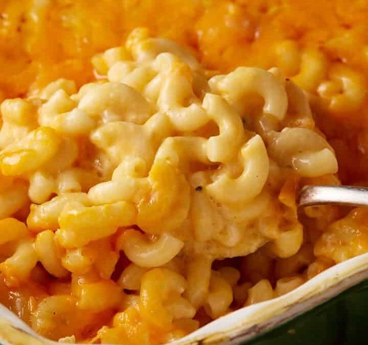 A casserole dish of baked macaroni pie.