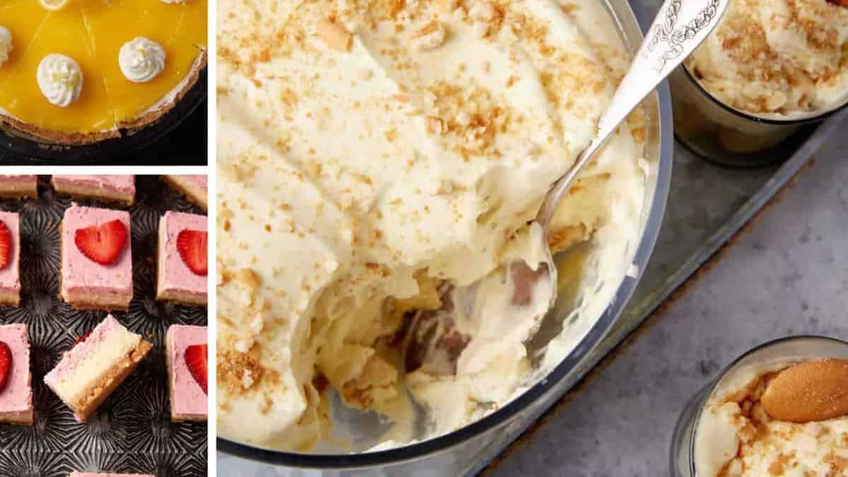 A collage of desserts including lemon pie, banana pudding in a glass dish, strawberry bars, coconut bars, and a pink strawberry cake with fresh strawberries—perfect endings after dinner in 30 minutes.