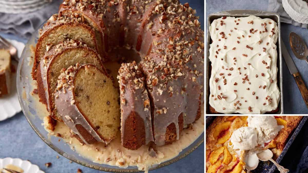 A collage featuring a glazed bundt cake with chopped pecans, a frosted sheet cake sprinkled with pecans, and a peach cobbler topped with vanilla ice cream, all displayed on a blue background.