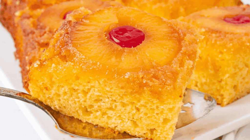 A close-up of a slice of pineapple upside-down cake, featuring a golden brown sponge topped with a pineapple ring and a red maraschino cherry in the center, served on a spatula.