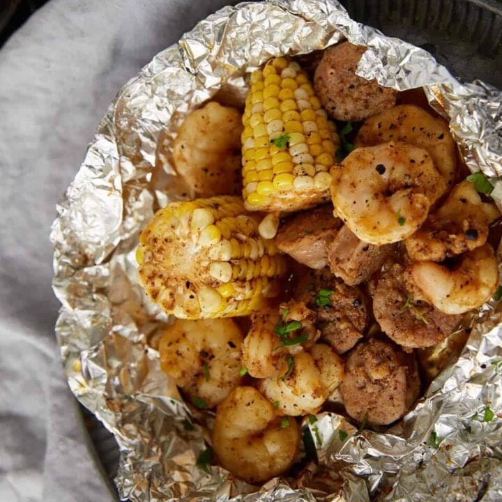 Seafood boil packet with shrimp.