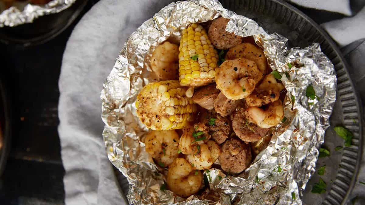 Seafood boil packet with shrimp.