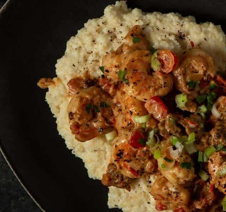 Shrimp and grits with a creamy sauce.
