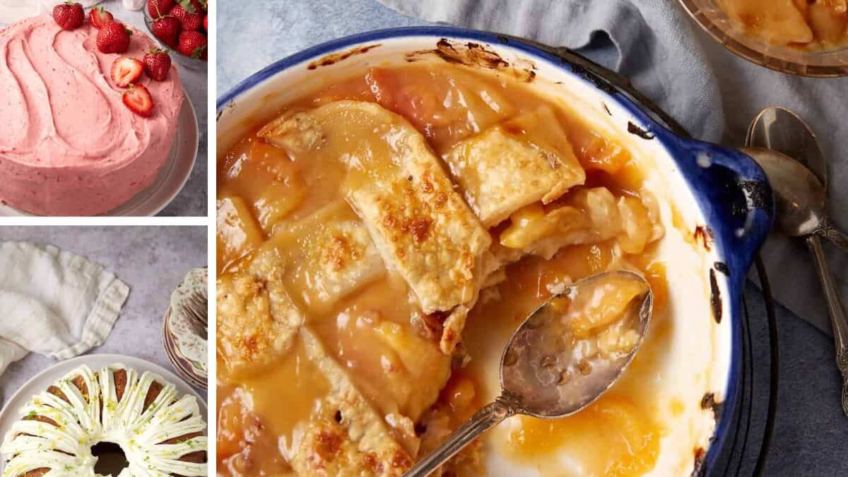 A collage featuring a peach cobbler in a dish with a serving spoon, strawberry frosted cake, white-iced bundt cake, strawberry-topped bars, and fresh strawberries on a white surface—proof that dessert is tempting even if you have got ground beef for dinner.