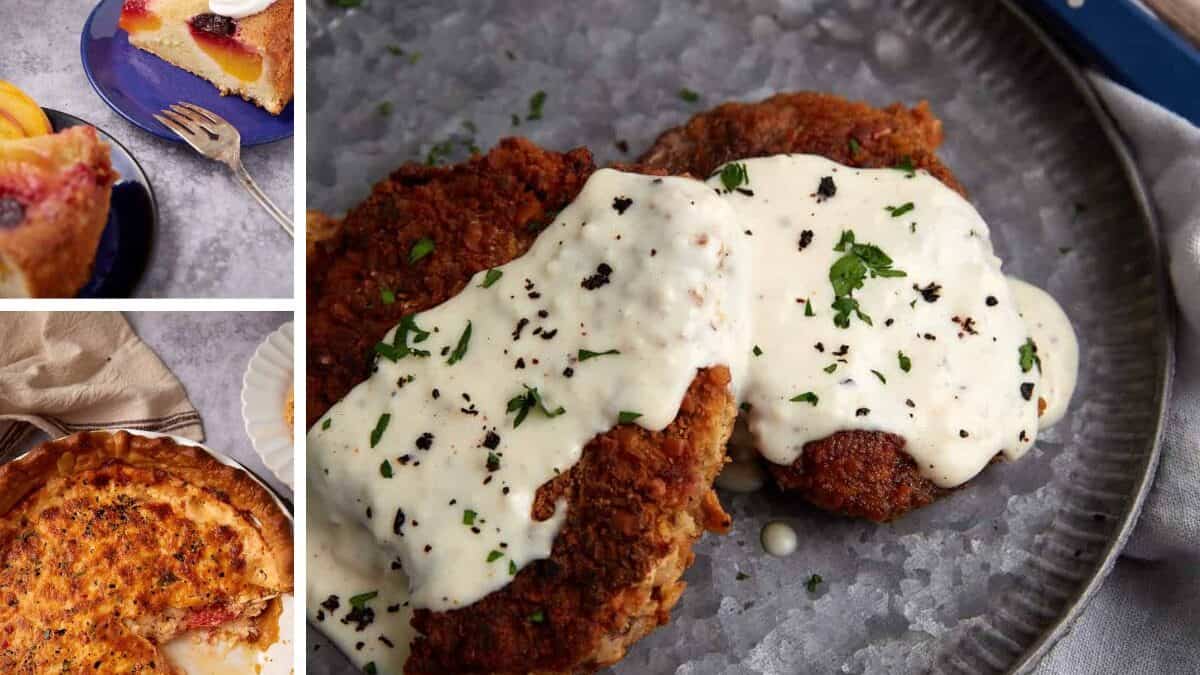 A collage features dishes including chicken fried steak with white gravy, peach cobbler with ice cream, quiche, dessert bars, and strawberry cake—these family dinners remind us of home.