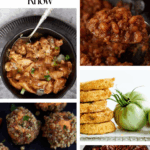 A collage featuring classic Southern dishes—spiced pecans, baked beans, chicken and gravy over rice, stacked fried green tomatoes, hush puppies, and glazed pecans—spotlights the Southern staples you’re missing out on. Titled "18 Southern Staples Everyone Should Know.