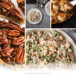 A collage featuring pecan pie, chicken and rice, skillet chicken with browned potatoes, and a creamy salad with peas; text reads "Timeless Comfort from 17 Vintage Recipes still cooking these vintage classics.